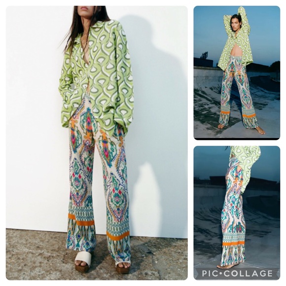 Zara Pants - ZARA Boho Printed Flared Wide Leg High Waisted Trousers Pants NWT RRP$109